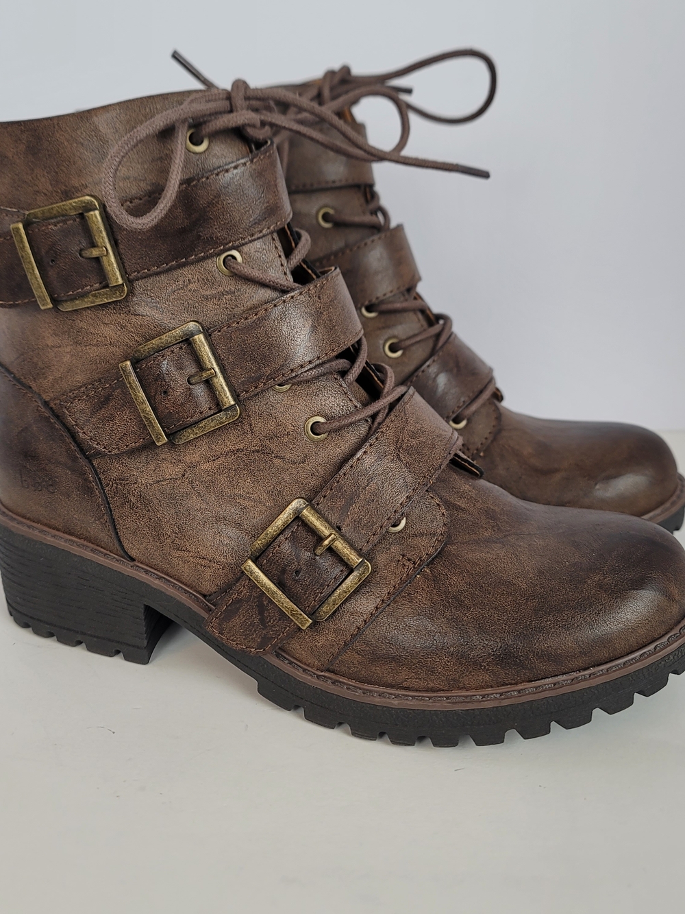 b.o.c. Born Concept Brown Faux Leather Buckle Lace Up Moto Combat Ankle Boots 10